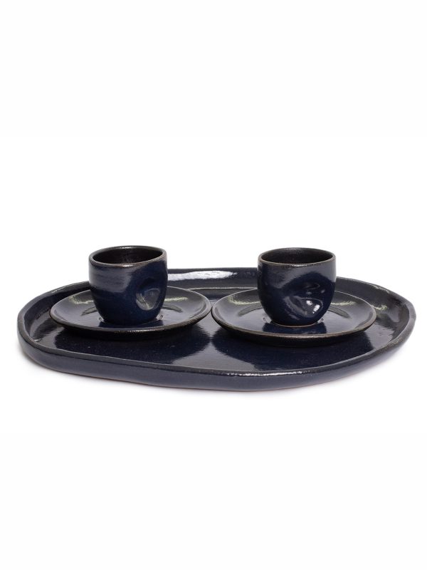 Set 2 Xícaras de café contemporânea + Bandeja oval P - Marinho